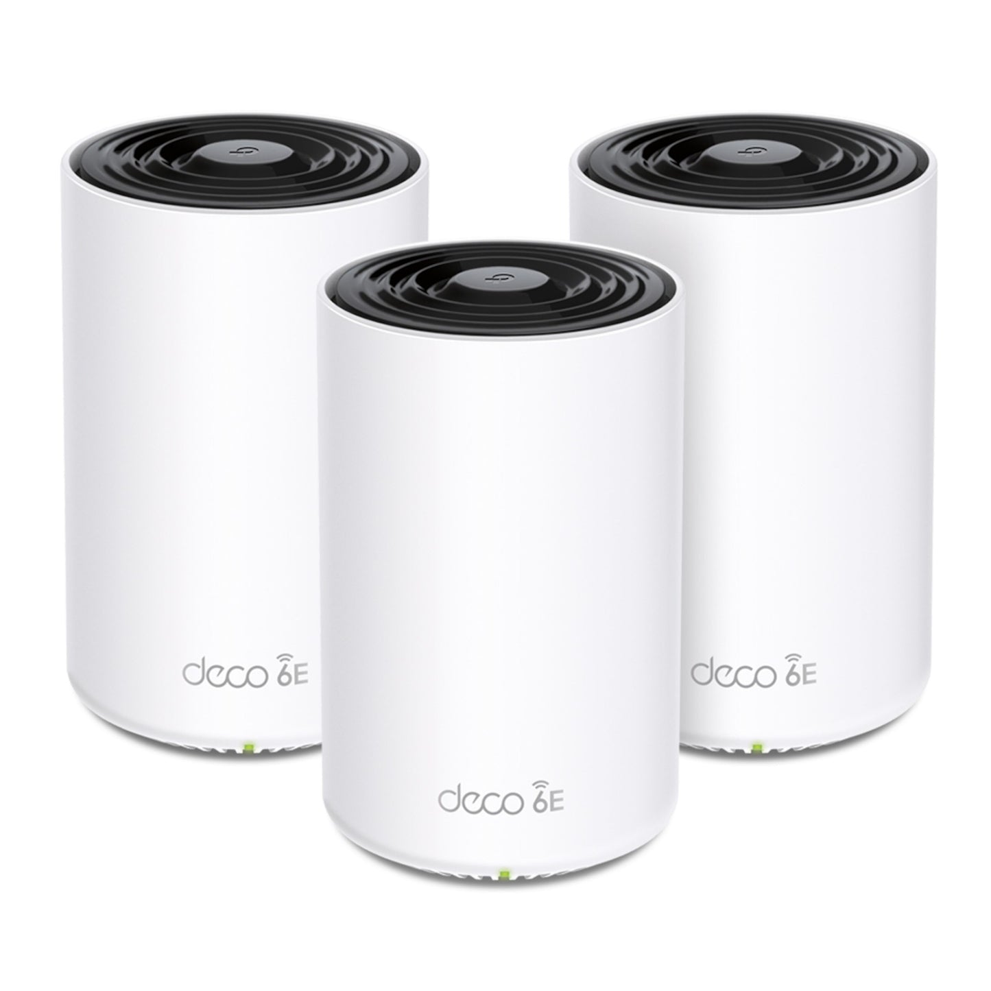Deco XE75 AXE5400 mesh wi-fi routere, hvide cylindre med sort top og "deco 6E" mærkat, vises side om side.