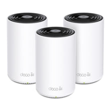 Deco XE75 AXE5400 mesh wi-fi routere, hvide cylindre med sort top og "deco 6E" mærkat, vises side om side.