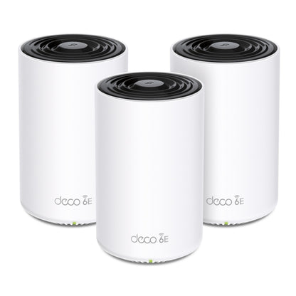 Deco XE75 AXE5400 mesh wi-fi routere, hvide cylindre med sort top og "deco 6E" mærkat, vises side om side.