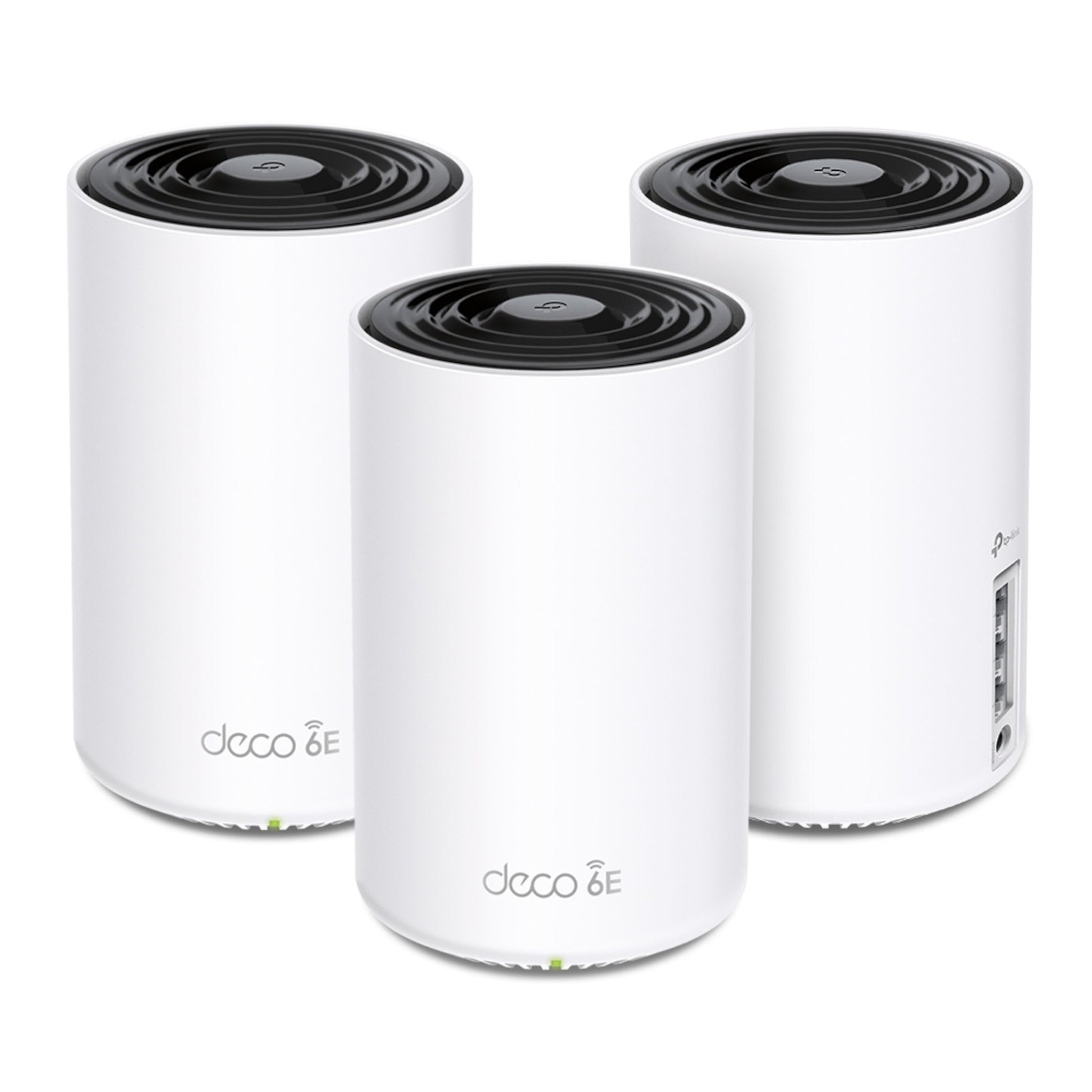 Tp-Link Deco XE75 AXE5400 WiFi 6E mesh router 3-pak, hvid med sort top, vises forfra og fra siden med porte.
