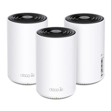 Tp-Link Deco XE75 AXE5400 WiFi 6E mesh router 3-pak, hvid med sort top, vises forfra og fra siden med porte.