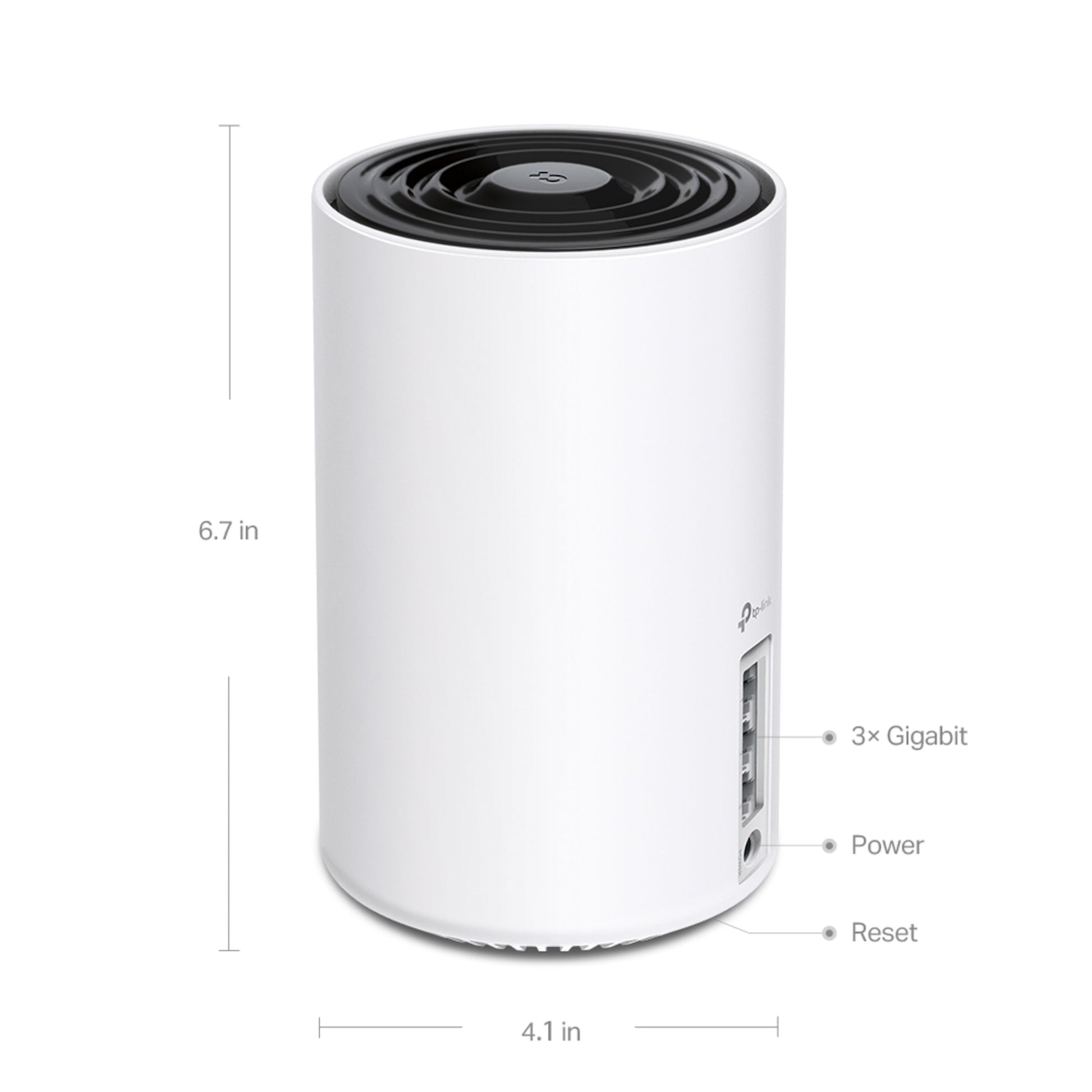 TP-Link Deco XE75 AXE5400 3-pak mesh router, cylinderformet, tre Gigabit Ethernet-porte, strømstik og reset bagpå.