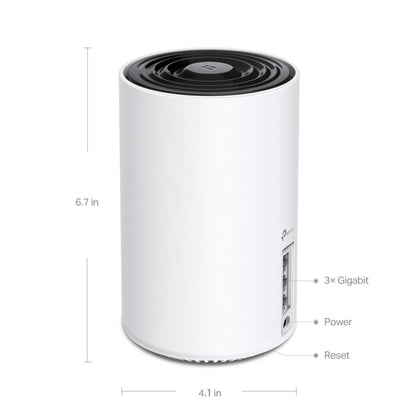 TP-Link Deco XE75 AXE5400 3-pak mesh router, cylinderformet, tre Gigabit Ethernet-porte, strømstik og reset bagpå.