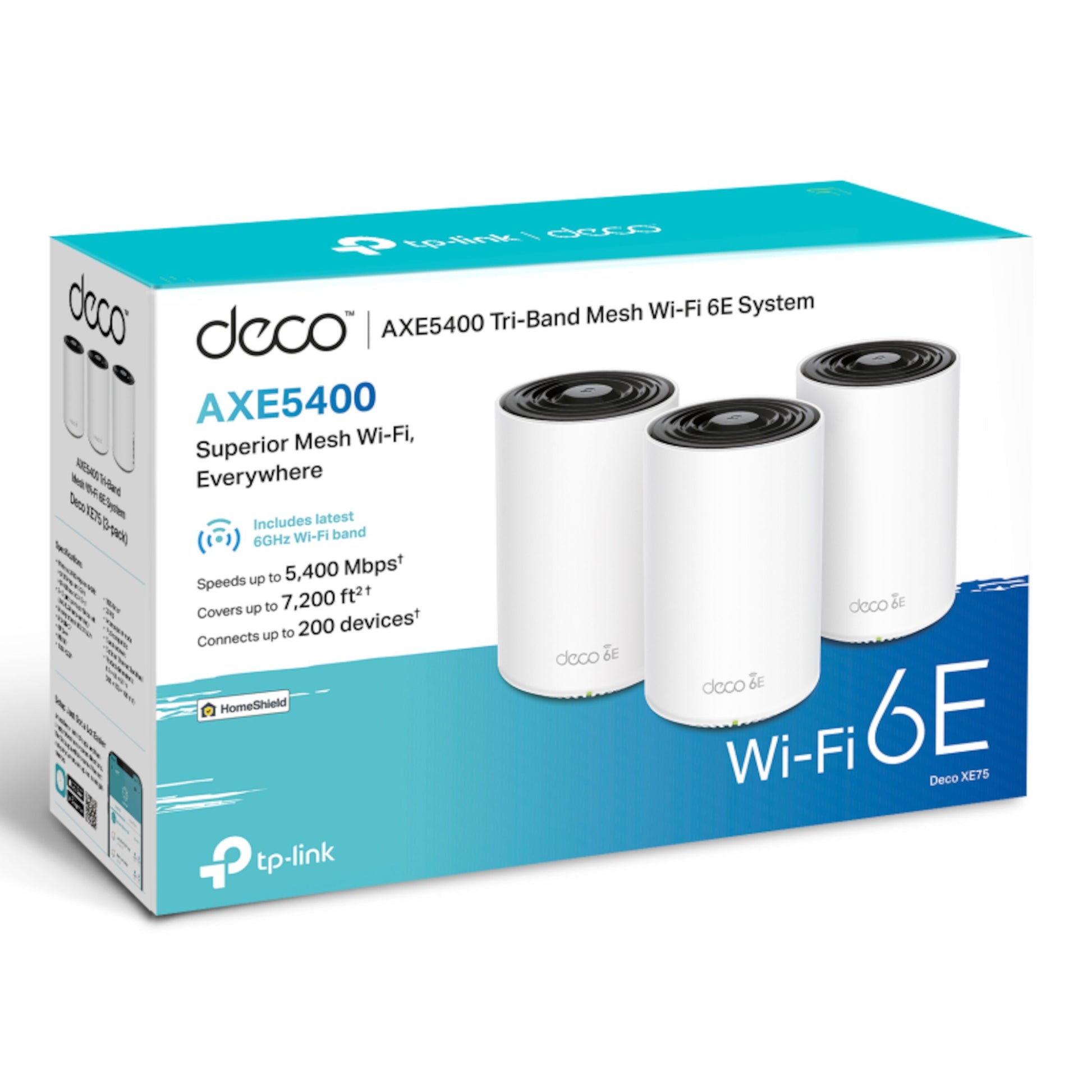 TP-Link Deco XE75 AXE5400 3-pak, hvide cylindre, 6 GHz Wi-Fi, dækker op til 7200 sq ft, understøtter op til 200 enheder.