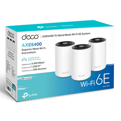 TP-Link Deco XE75 AXE5400 3-pak, hvide cylindre, 6 GHz Wi-Fi, dækker op til 7200 sq ft, understøtter op til 200 enheder.