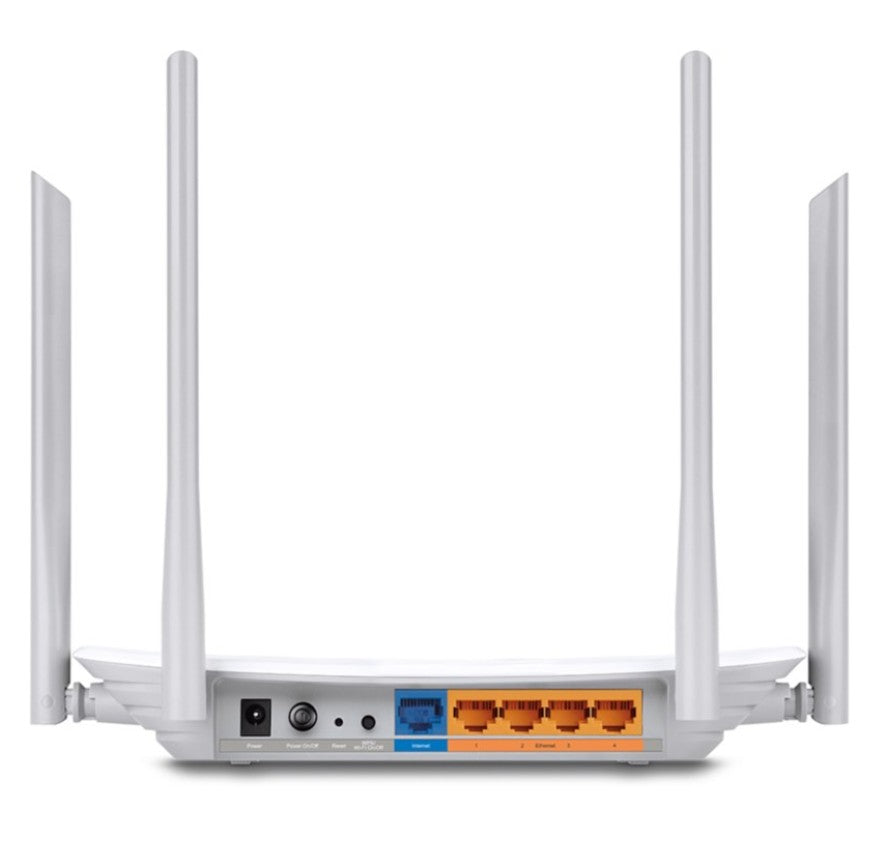 TP-Link Archer C50 AC1200 dual-band router, fire antenner, bagpanel med strømindgang, blå WAN-port, tre orange LAN-porte.