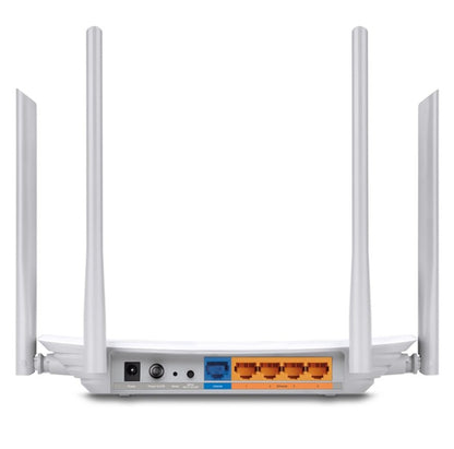 TP-Link Archer C50 AC1200 dual-band router, fire antenner, bagpanel med strømindgang, blå WAN-port, tre orange LAN-porte.
