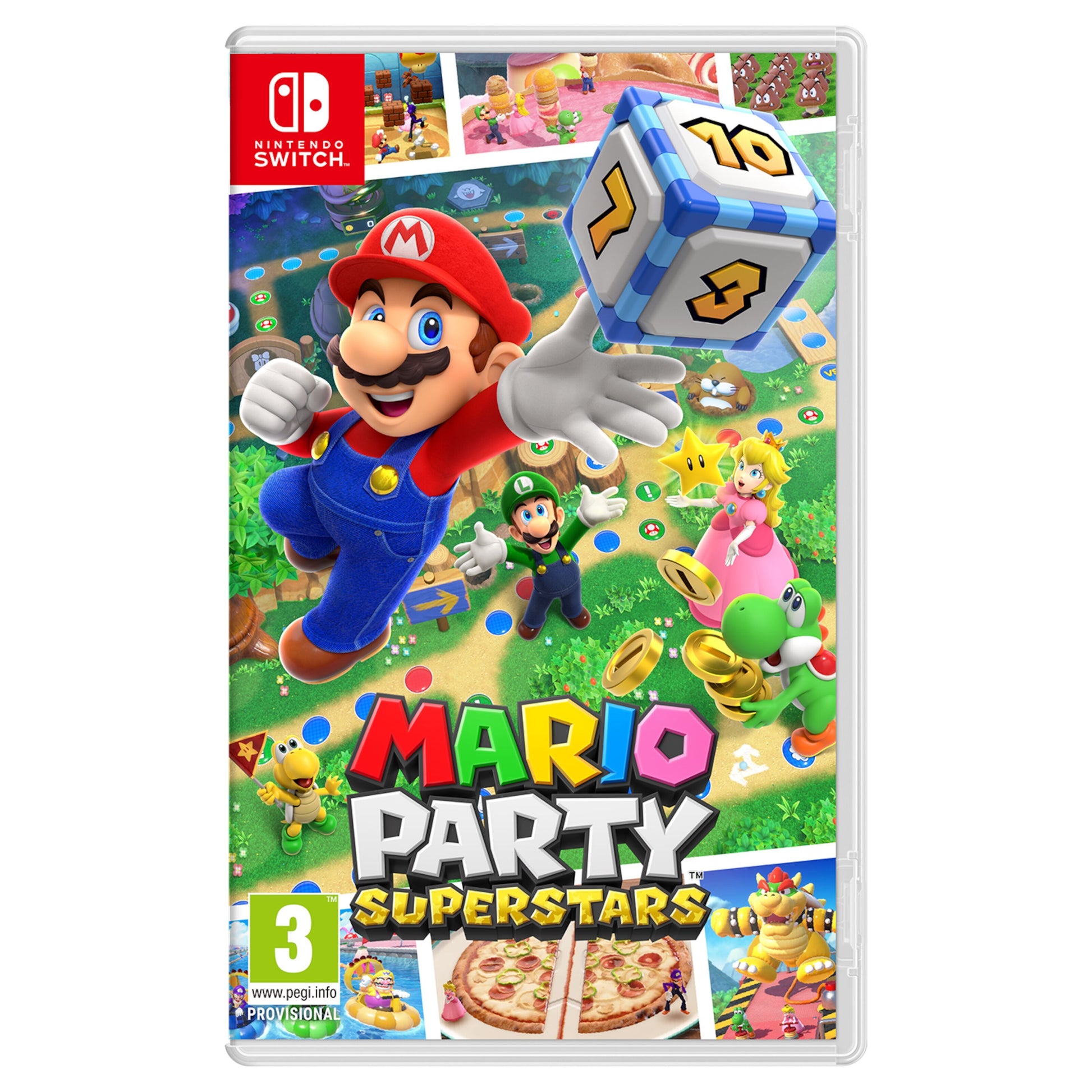 Nintendo Mario Party Superstars spilæske med Mario, Luigi, Peach og Yoshi på spillebræt, PEGI 3.