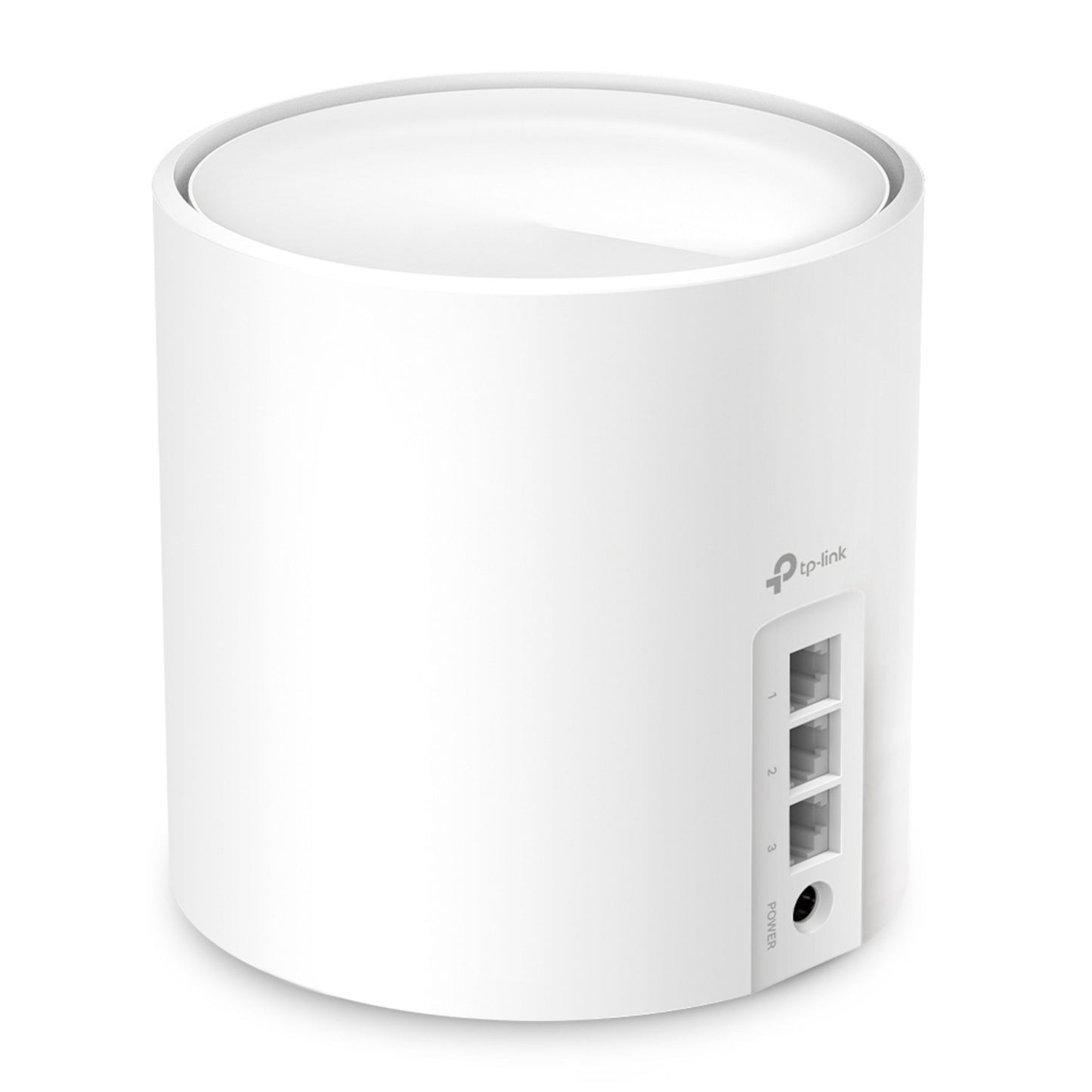 TP-Link Deco X50 AX3000 3-pak hvide WiFi 6 mesh-routere, tre Ethernet-porte, strømstik, reset-knap, logo ved porte.