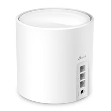 TP-Link Deco X50 AX3000 3-pak hvide WiFi 6 mesh-routere, tre Ethernet-porte, strømstik, reset-knap, logo ved porte.