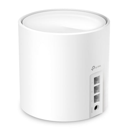 TP-Link Deco X50 AX3000 3-pak hvide WiFi 6 mesh-routere, tre Ethernet-porte, strømstik, reset-knap, logo ved porte.