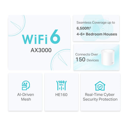 TP-Link Deco X50 AX3000 3-pak WiFi 6 mesh, dækker op til 600 m2, HE160, AI mesh, realtid cybersikkerhed.