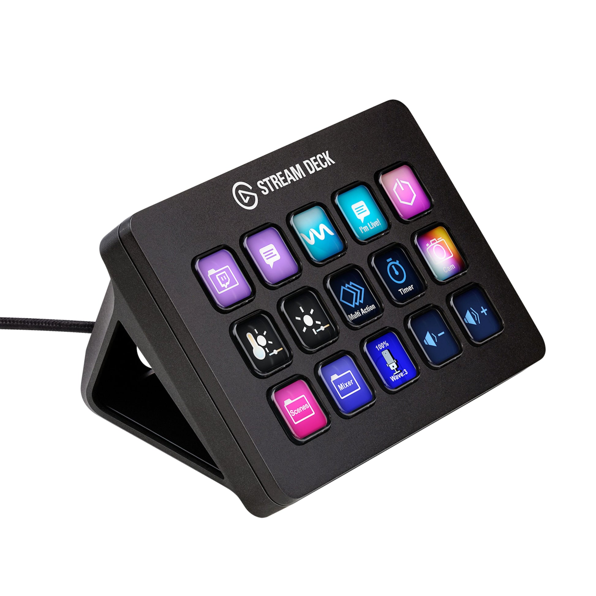 Elgato Stream Deck Mk. 2 sorterer streaming-tastatur med 15 programmerbare knapper, farveikoner og USB-kabel synligt til venstre.