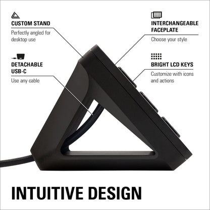 Elgato Stream Deck Mk. 2 side, brugerdefineret stander, bagvedliggende USB-C, udskiftelig front, lys LCD-knapper, "Intuitivt design"-tekst.