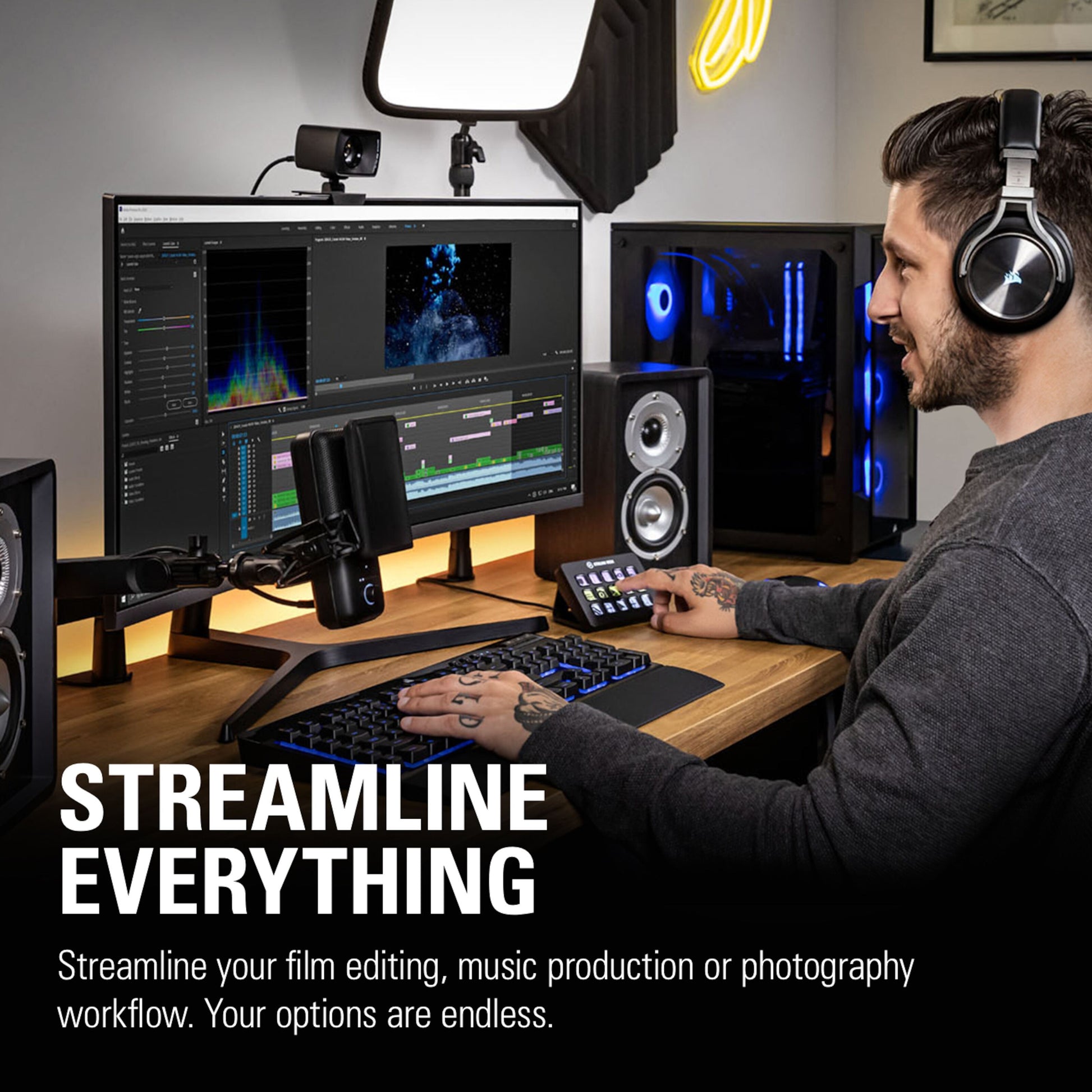 Elgato Stream Deck Mk.2 med programmerbare knapper ved dobbeltskærm og lydopsætning, sort model vises i brug.