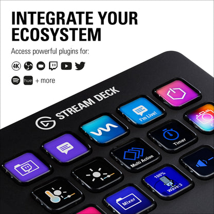 Elgato Stream Deck Mk.2 med oplyste programmerbare knapper, tekst: Integrer dit økosystem, plugins til 4K, Discord m.m.