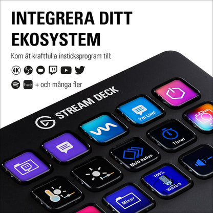 Elgato Stream Deck Mk. 2 med farvede knapper, svensk tekst: Integrera ditt ekosystem, understøtter 4K, Spotify m.fl.