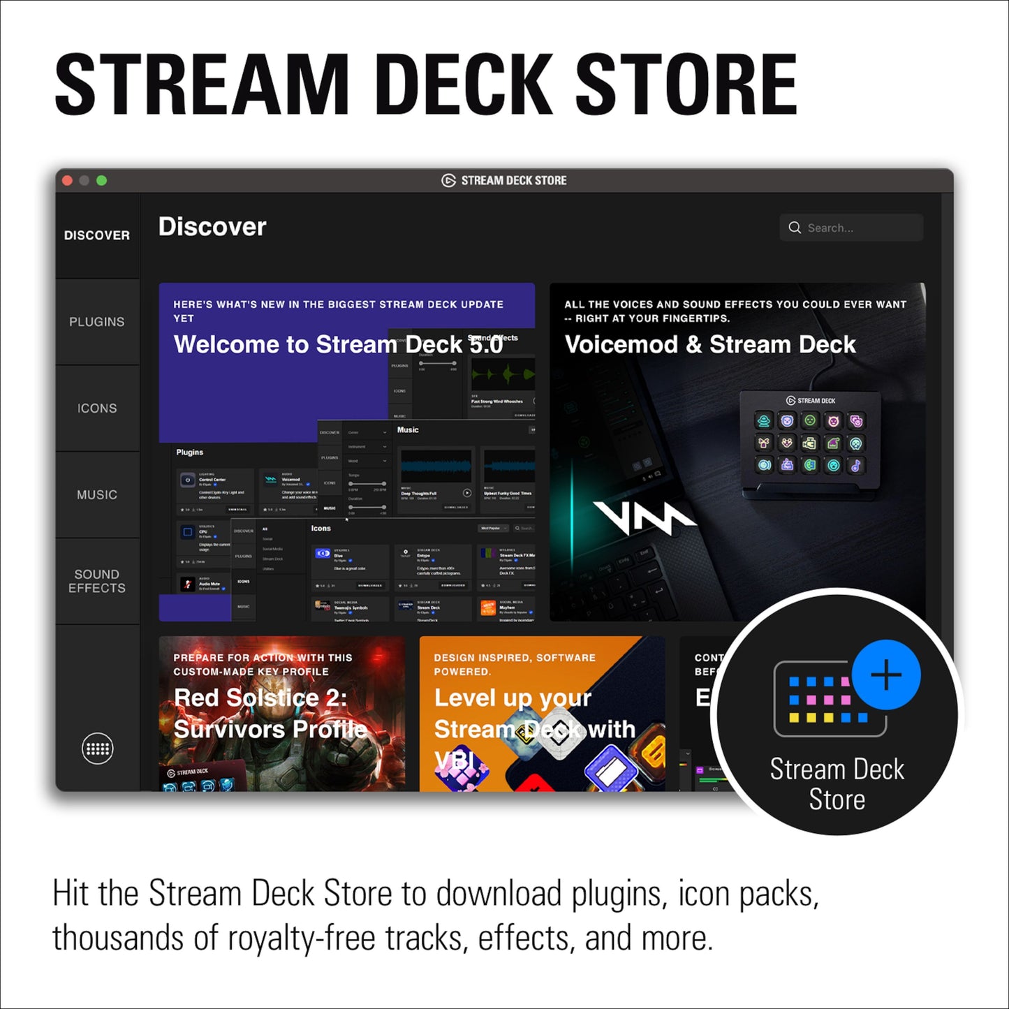 Elgato Stream Deck Mk. 2 interface med plugin-, ikonpakke- og lydeffekter, fremhævet ikon, Stream Deck Store øverst.