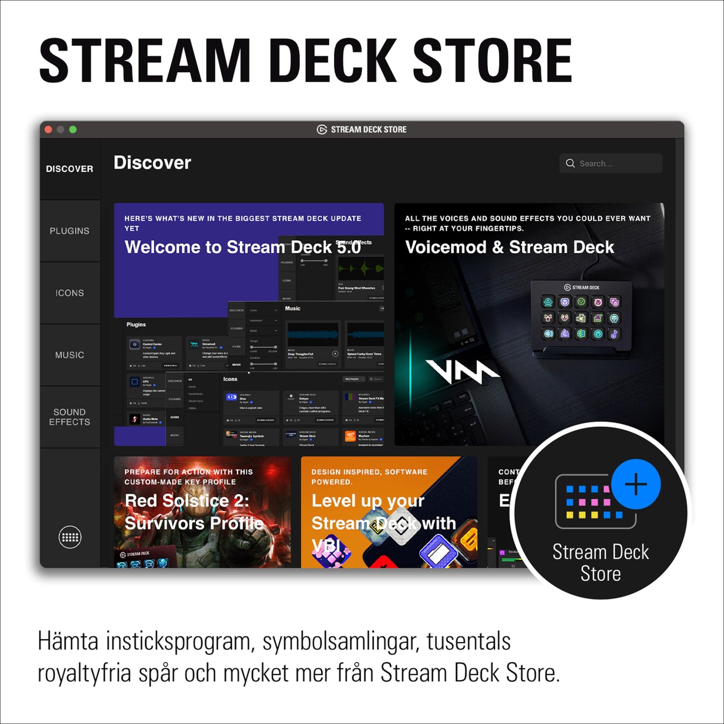 Stream Deck Store Discover-side med Elgato Stream Deck Mk. 2 tastatur, plugins, icon packs, royaltyfri musik og svensk tekst.