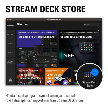 Stream Deck Store Discover-side med Elgato Stream Deck Mk. 2 tastatur, plugins, icon packs, royaltyfri musik og svensk tekst.