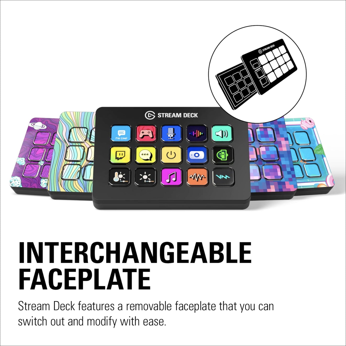 Elgato Stream Deck Mk. 2 med udskiftelige farvede frontplader og tydelig visning af aftagelig frontpanel-funktion.