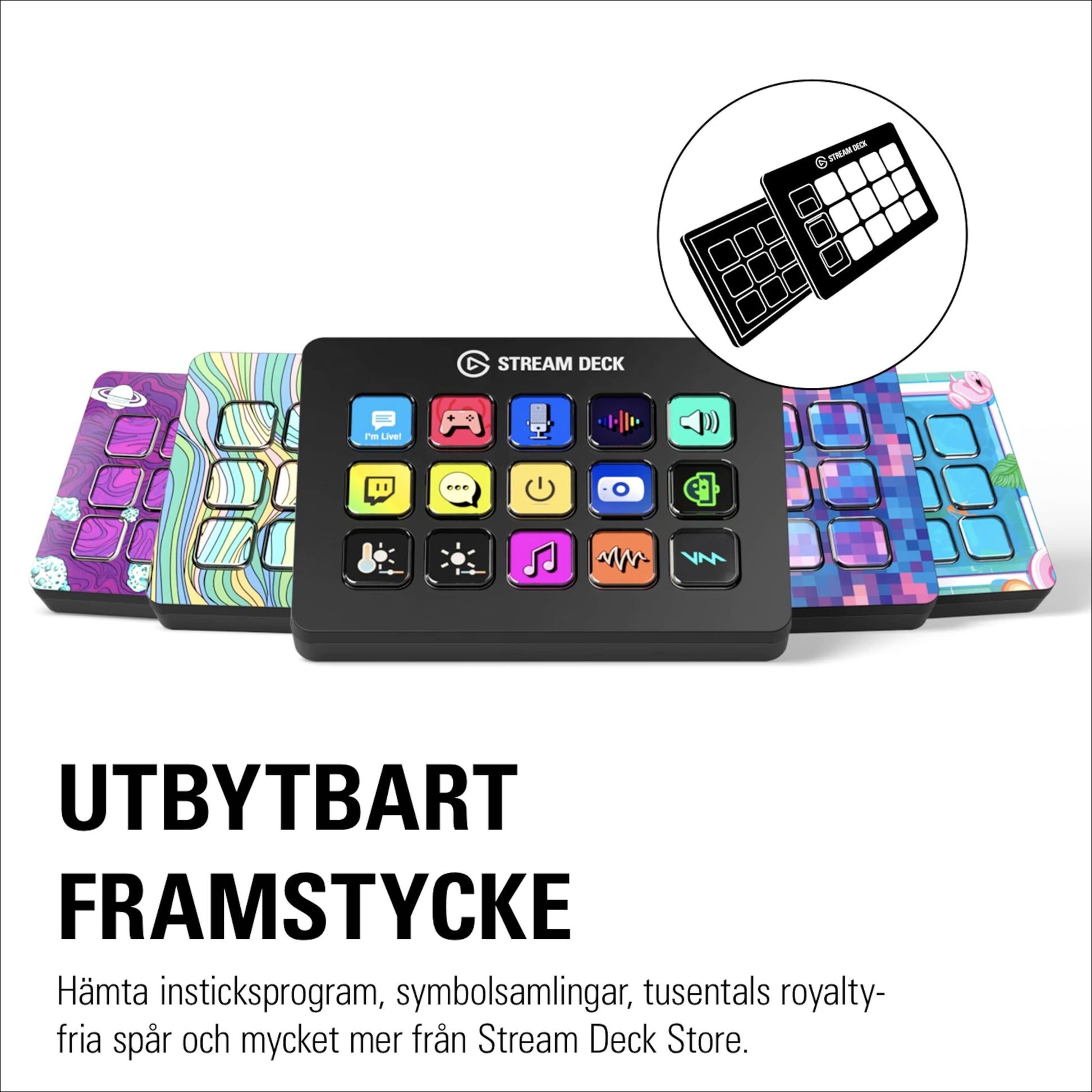 Elgato Stream Deck Mk. 2 med programmerbare knapper, udskiftelige farverige frontplader og aftageligt cover.
