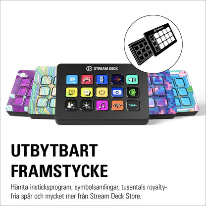 Elgato Stream Deck Mk. 2 med programmerbare knapper, udskiftelige farverige frontplader og aftageligt cover.