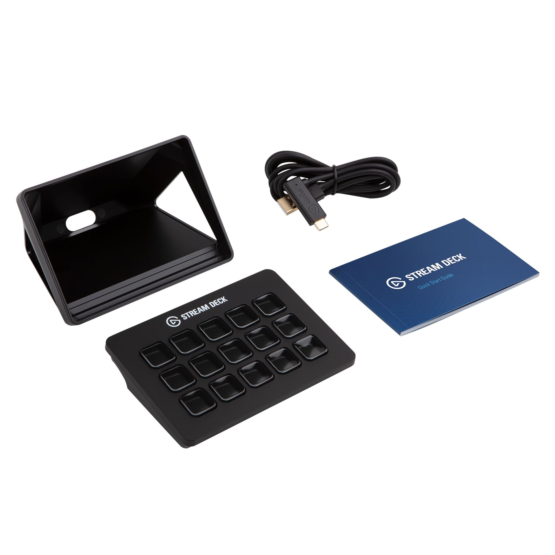 Elgato Stream Deck Mk. 2 sort med 15 knapper, justerbart stativ, USB-kabel og blå quick start guide.