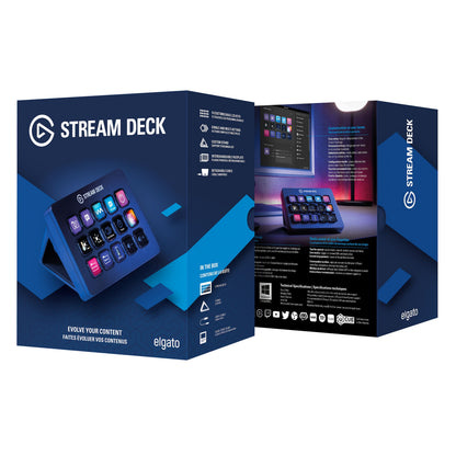 Elgato Stream Deck Mk. 2, blå, to æsker med tastaturer med programmerbare knapper og info på engelsk og fransk.