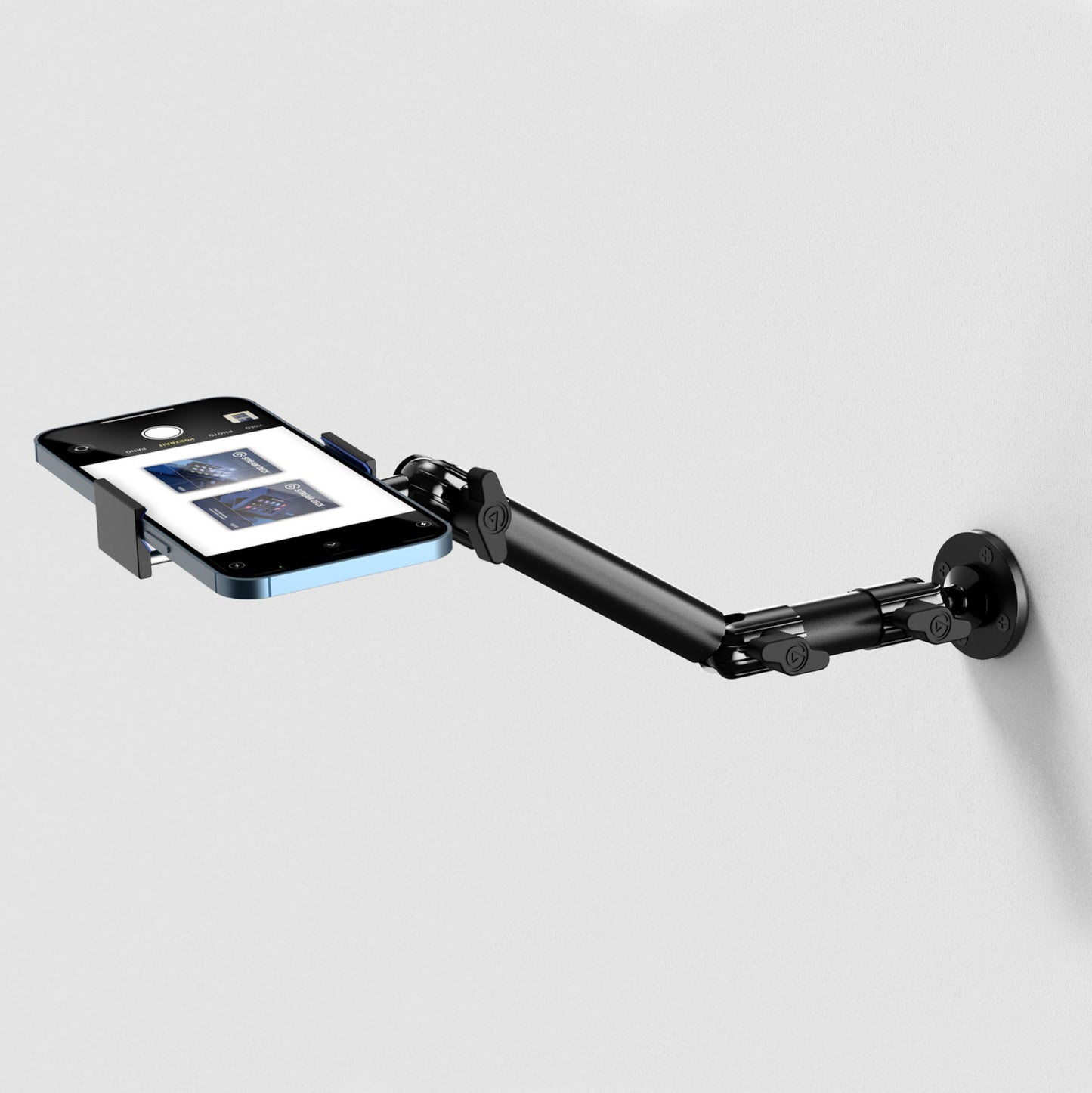 Elgato Vægbeslag sort, holder smartphone horisontalt, velegnet til studieudstyr og kameramontering.