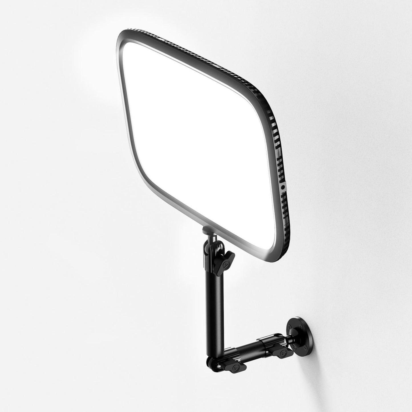 Elgato LED-panel med afrundede hjørner på vægbeslag og sort justerbar arm, lyspanel vendt fremad.
