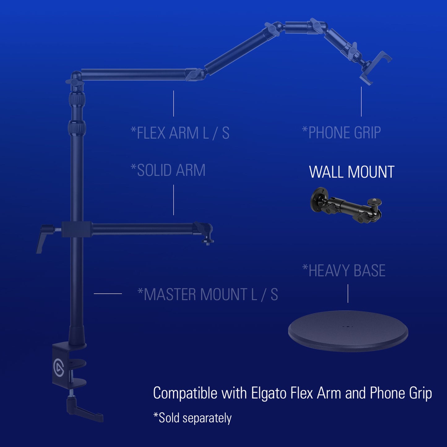 Elgato monteringssystem med vægbeslag, flexarm, solid arm, master mount, phone grip og heavy base til kamera montering.