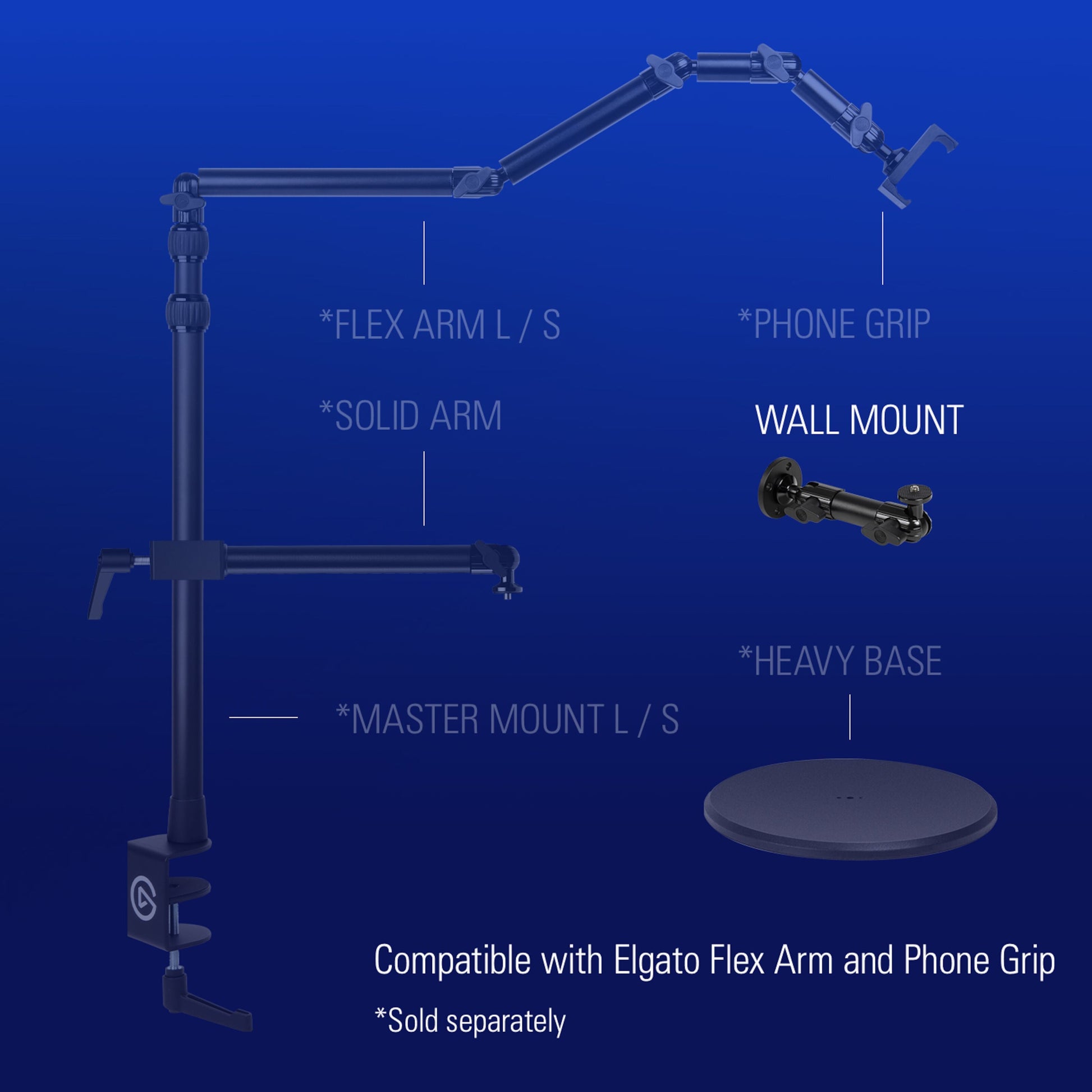 Elgato monteringssystem med vægbeslag, flexarm, solid arm, master mount, phone grip og heavy base til kamera montering.