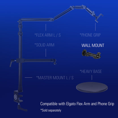 Elgato monteringssystem med vægbeslag, flexarm, solid arm, master mount, phone grip og heavy base til kamera montering.