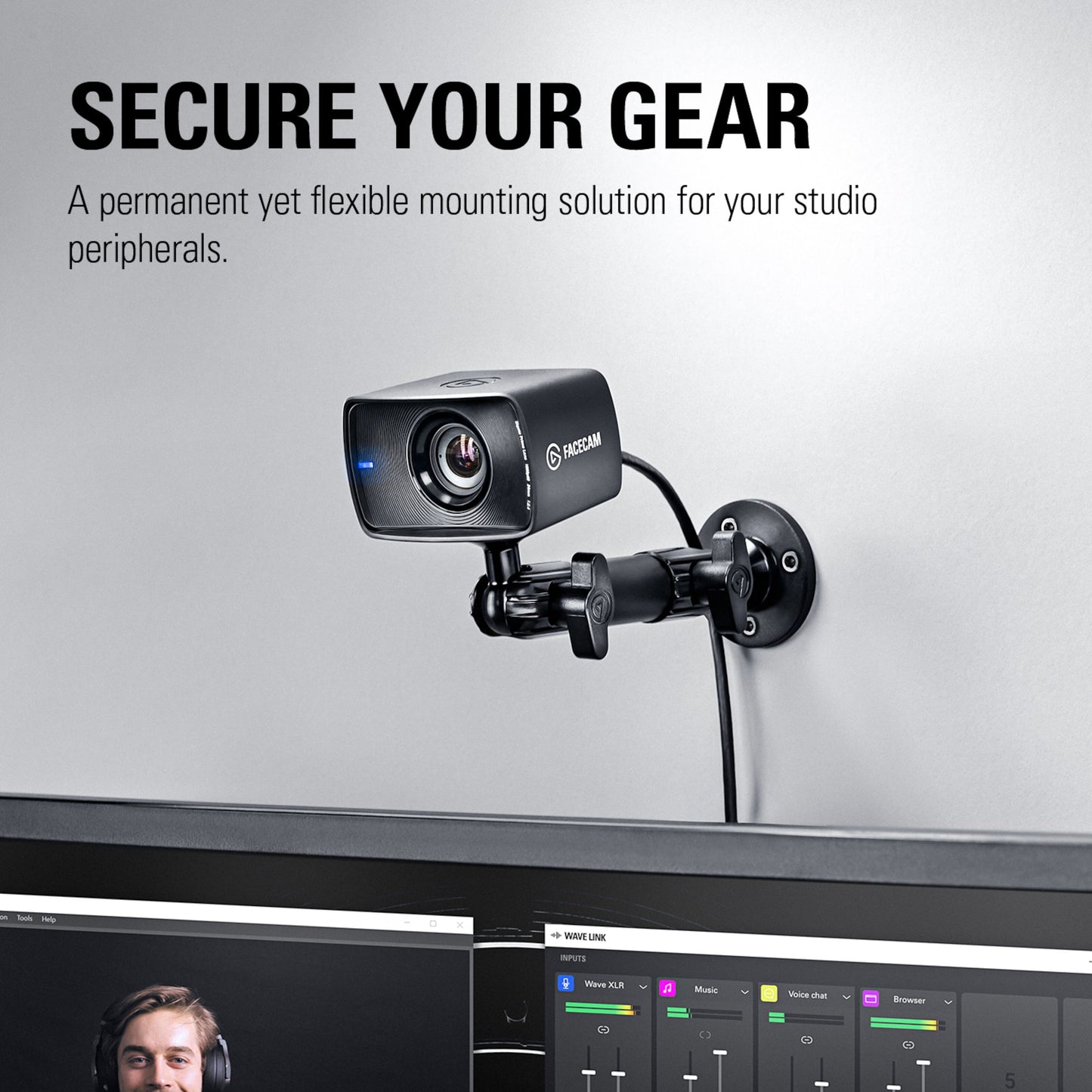 Elgato Vægbeslag monteret webcam over skærm med videokald, audiomixer-software og teksten "Secure Your Gear.