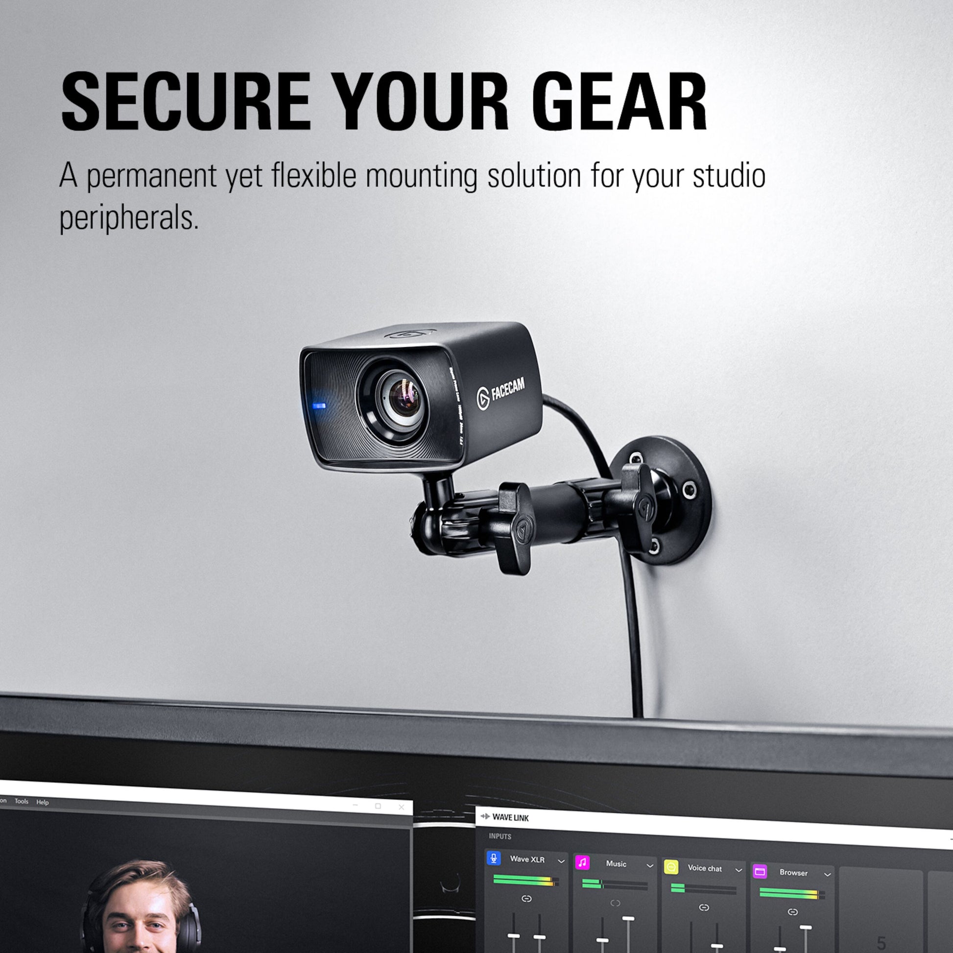 Elgato Vægbeslag monteret webcam over skærm med videokald, audiomixer-software og teksten "Secure Your Gear.