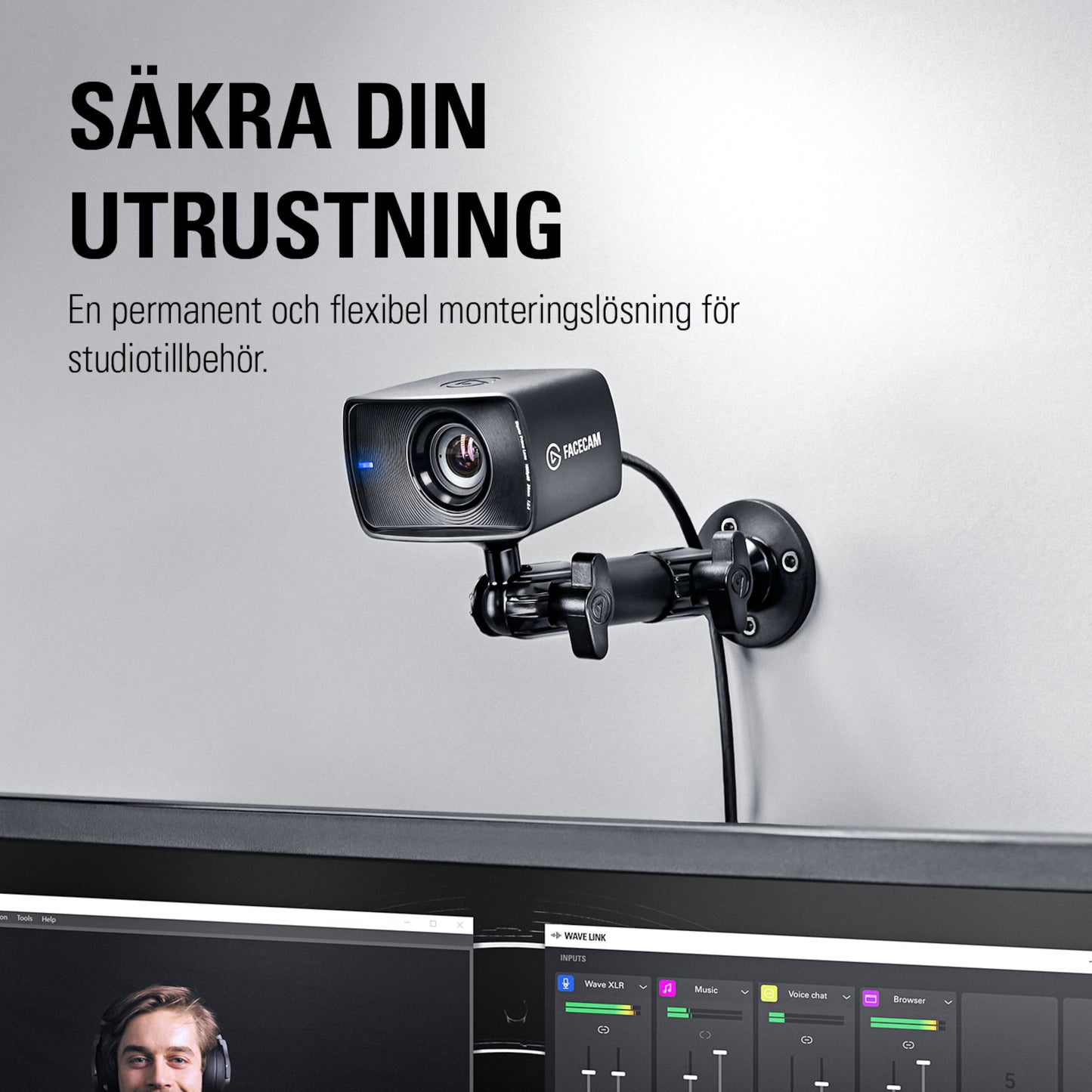 Elgato vægbeslag til montering over computerskærme, svensk tekst: Säkra din utrustning.