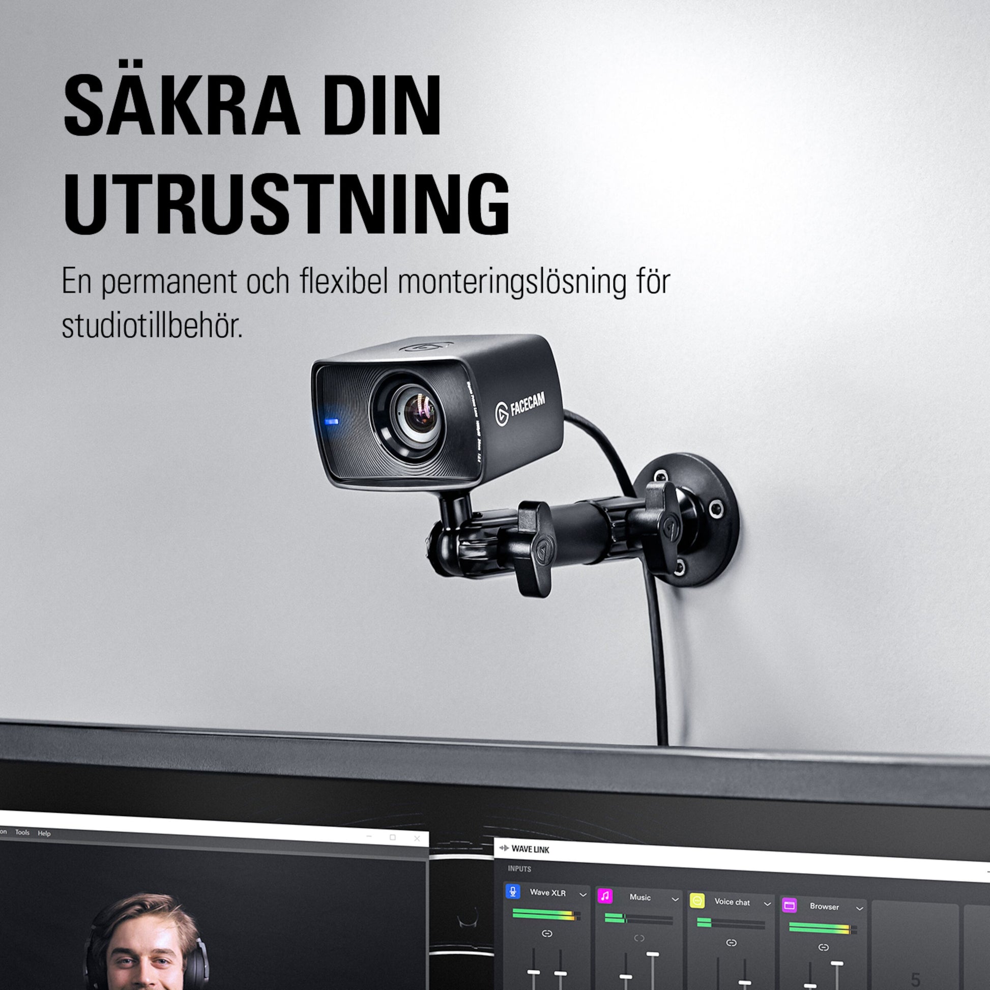 Elgato vægbeslag til montering over computerskærme, svensk tekst: Säkra din utrustning.