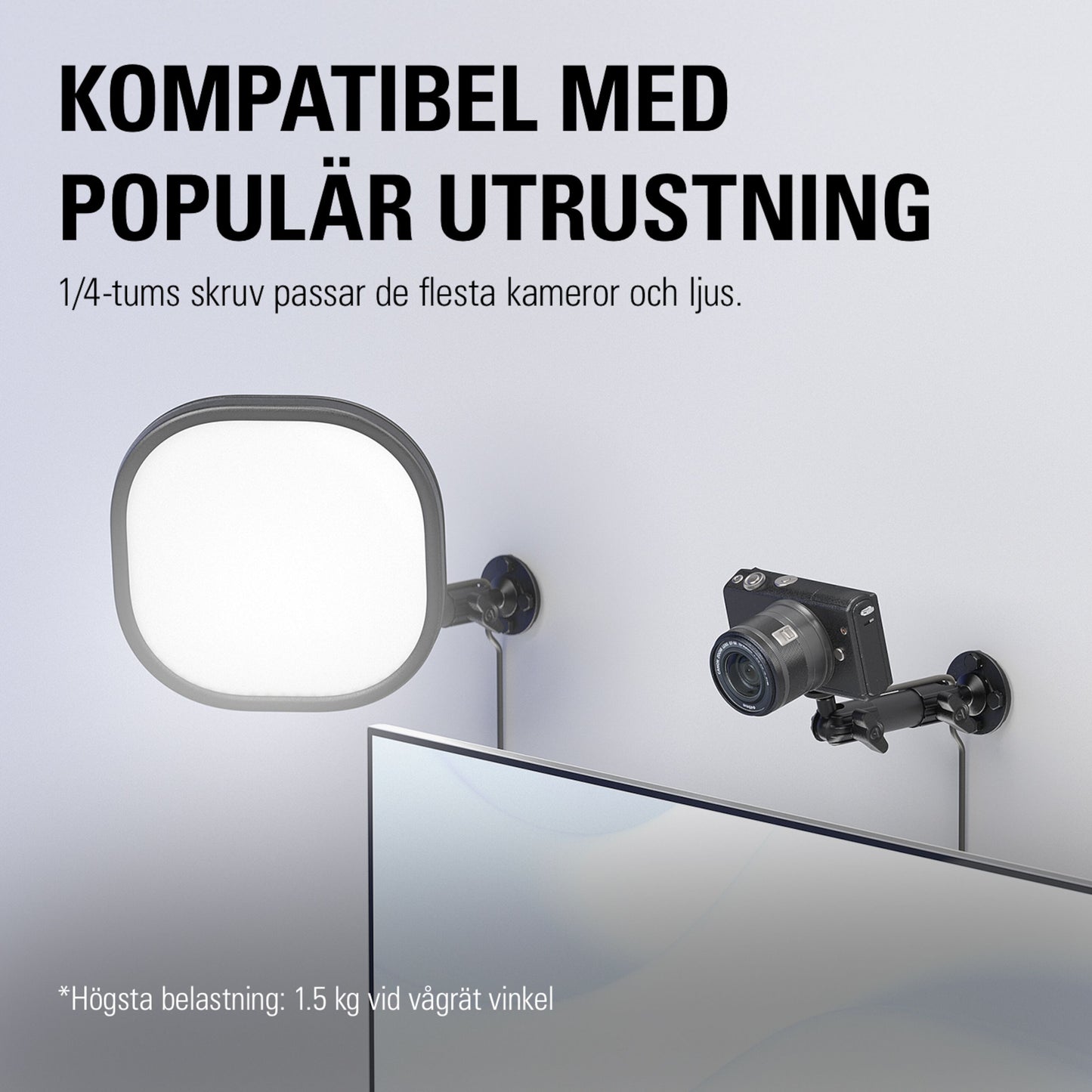 Elgato Vægbeslag med to justerbare arme til kamera og LED-lys, 1/4-tommers gevind, tekst på svensk om kompatibilitet.