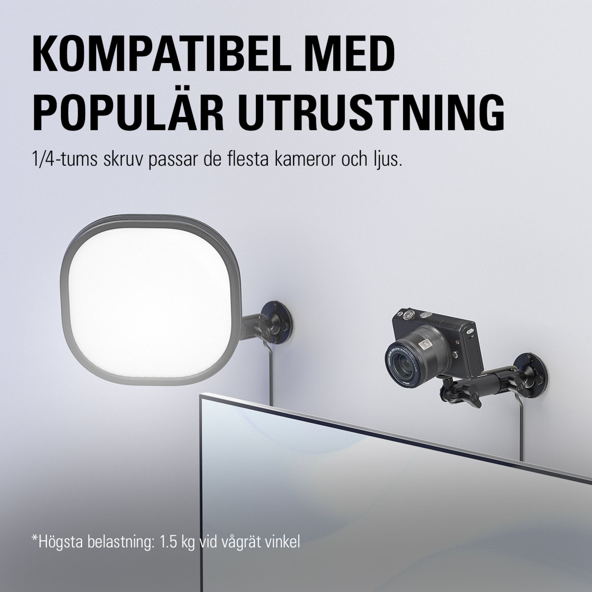 Elgato Vægbeslag med to justerbare arme til kamera og LED-lys, 1/4-tommers gevind, tekst på svensk om kompatibilitet.