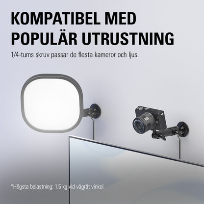Elgato Vægbeslag med to justerbare arme til kamera og LED-lys, 1/4-tommers gevind, tekst på svensk om kompatibilitet.