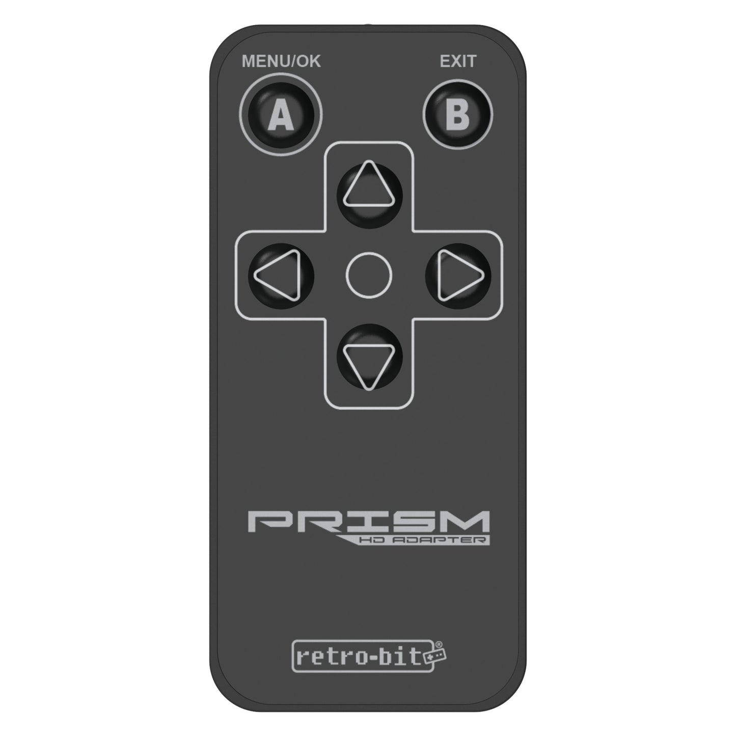 Retro-Bit fjernbetjening til Prism HD Gamecube HDMI-adapter sort, med A/B-knapper, MENU/OK, EXIT og firevejstast.