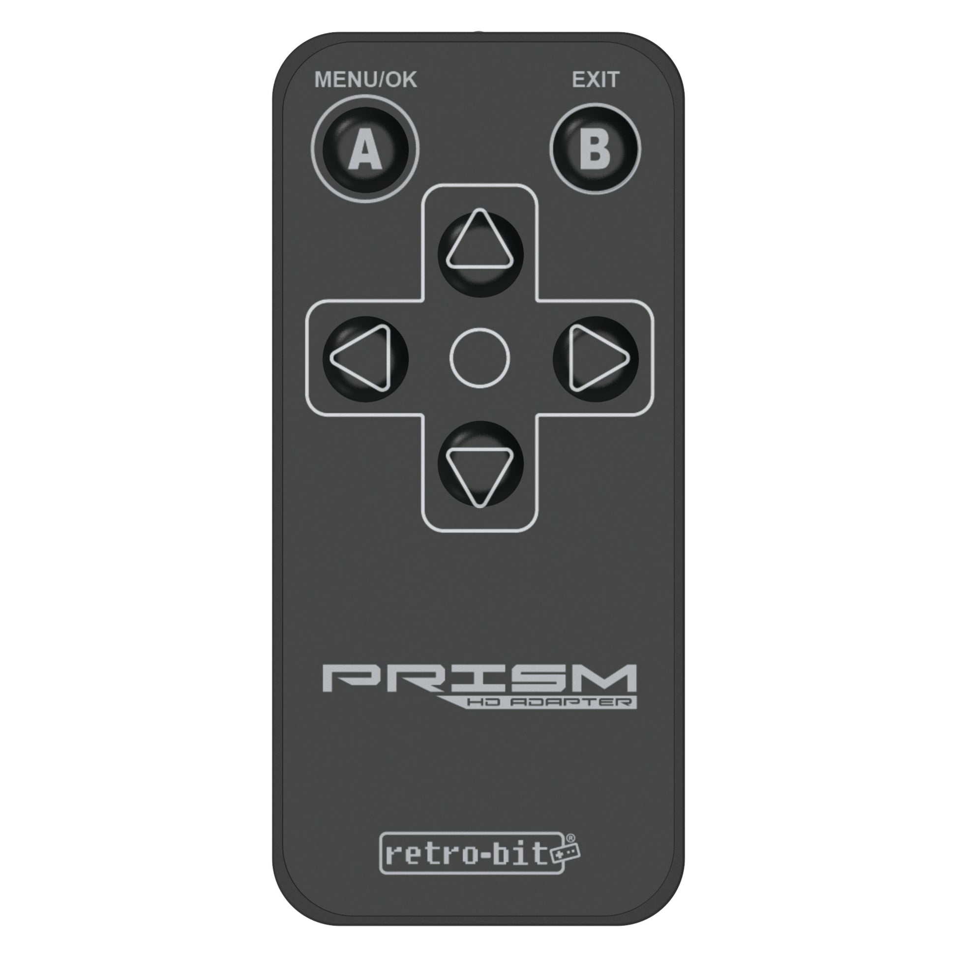 Retro-Bit fjernbetjening til Prism HD Gamecube HDMI-adapter sort, med A/B-knapper, MENU/OK, EXIT og firevejstast.