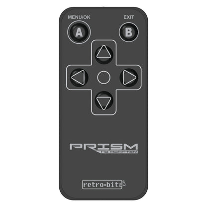 Retro-Bit fjernbetjening til Prism HD Gamecube HDMI-adapter sort, med A/B-knapper, MENU/OK, EXIT og firevejstast.