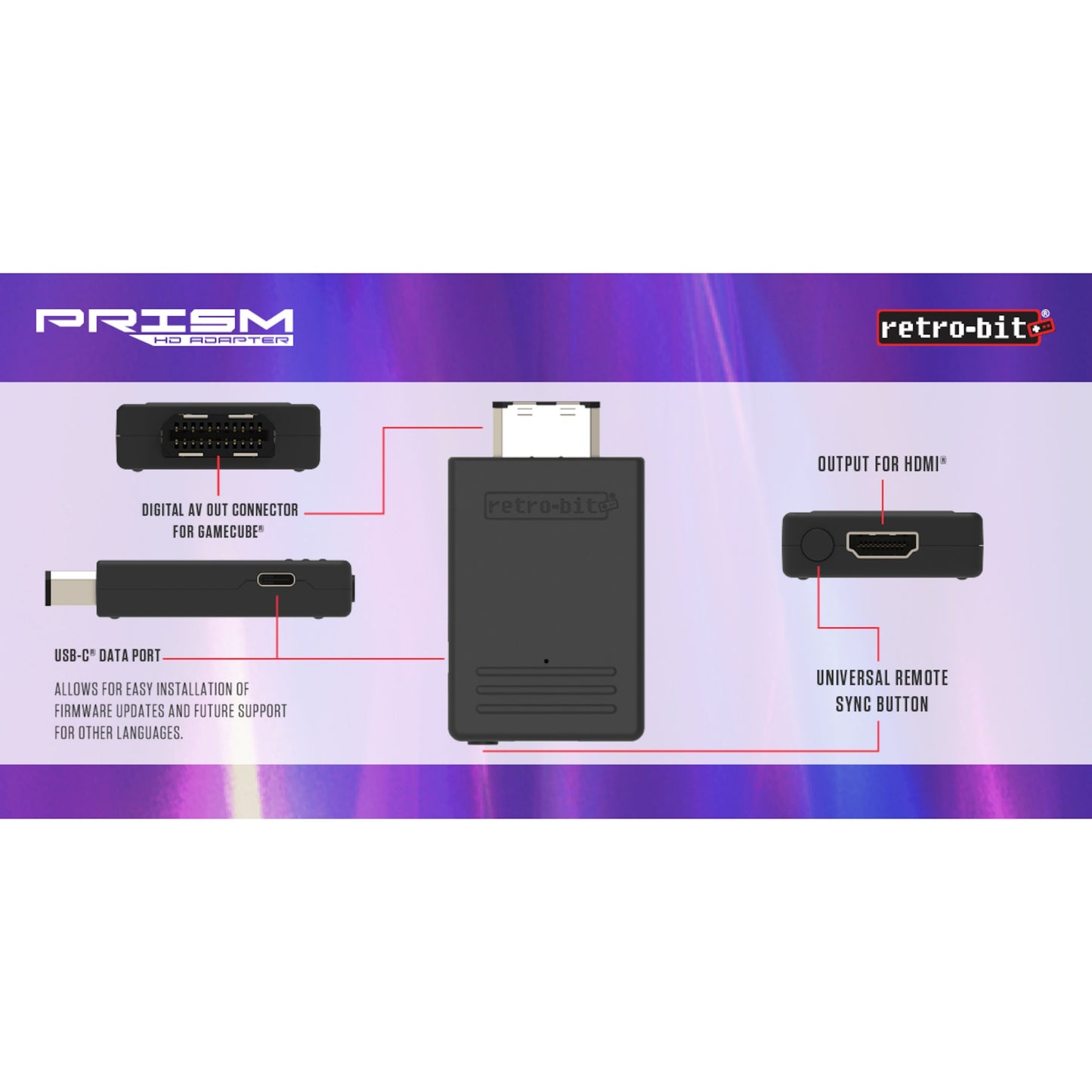 Retro-Bit Prism HD Gamecube til HDMI-adapter med digital AV-out, USB-C, HDMI-udgang og universal remote sync-knap.