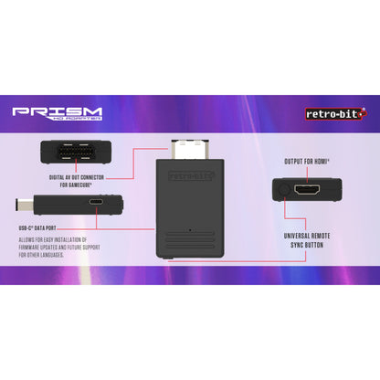 Retro-Bit Prism HD Gamecube til HDMI-adapter med digital AV-out, USB-C, HDMI-udgang og universal remote sync-knap.