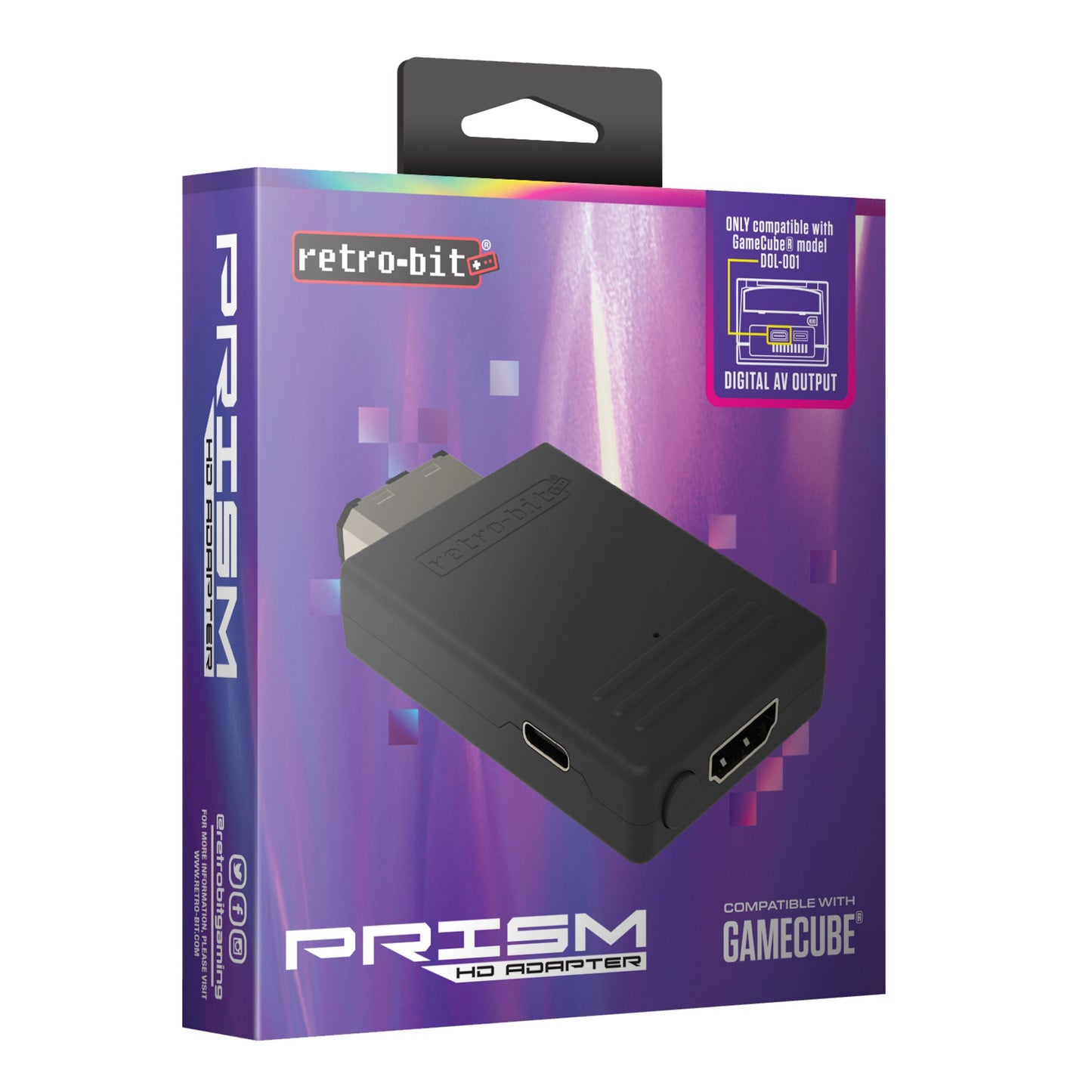 Retro-Bit Prism HD Gamecube HDMI-adapter i lilla æske, understøtter Gamecube digital AV-out og er kompatibel med DOL-001.