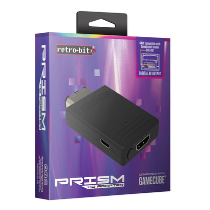 Retro-Bit Prism HD Gamecube HDMI-adapter i lilla æske, understøtter Gamecube digital AV-out og er kompatibel med DOL-001.