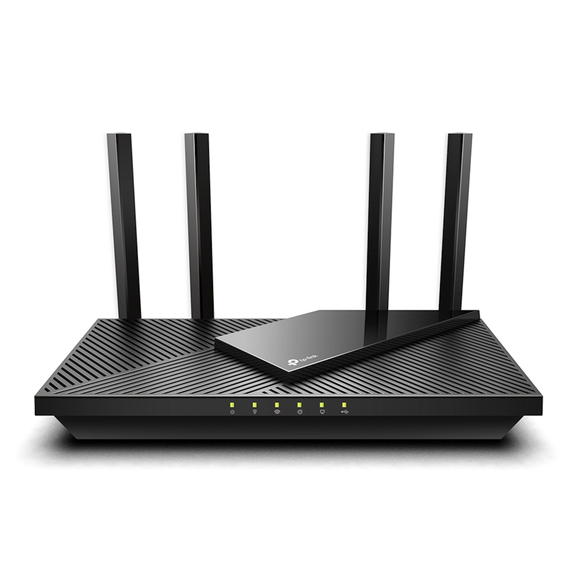 Sort TP-Link Archer AX55 trådløs router AX3000 med fire lodrette antenner og flere frontindikatorlys.