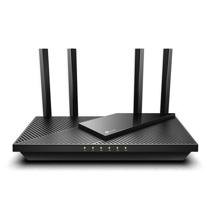 Sort TP-Link Archer AX55 trådløs router AX3000 med fire lodrette antenner og flere frontindikatorlys.